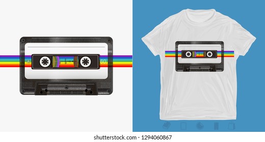 Audio cassette and rainbow. Music print for t-shirts and another, trendy apparel design. Old school style 80s and 90s 