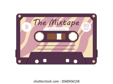 Cinta de audio con discos de música retro. Mezcla estéreo magnética de los años 90. Cinta de mezcla analógica. Casette compacta nostálgica de la vieja escuela. Ilustración vectorial plana de la cinta acústica aislada sobre fondo blanco