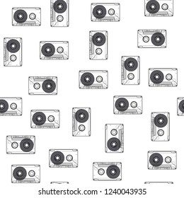 Audio cassette seamless pattern on white background. Retro background with audio cassettes