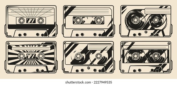 Conjunto de casetes de audio lotipos vintage monocromos portadores de datos con película magnética en estuche de plástico para ilustración vectorial de grabadora electrónica