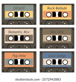 Audio cassette set on white background retro vintage music object vector illustration 