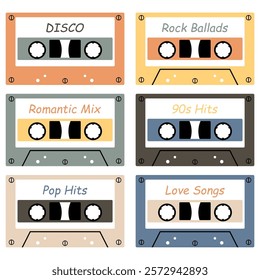 Audio cassette set on white background retro vintage music object vector illustration 