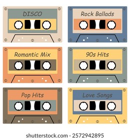 Audio cassette set on white background retro vintage music object vector illustration 