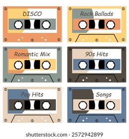 Audio cassette set on white background retro vintage music object vector illustration 