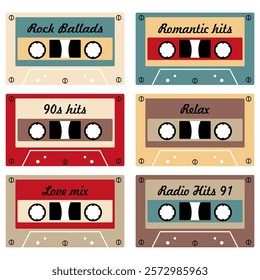  Audio cassette set on white background retro vintage music object vector illustration