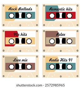  Audio cassette set on white background retro vintage music object vector illustration