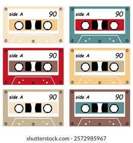  Audio cassette set on white background retro vintage music object vector illustration