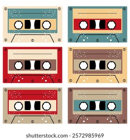  Audio cassette set on white background retro vintage music object vector illustration