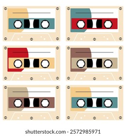  Audio cassette set on white background retro vintage music object vector illustration