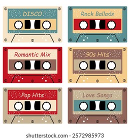  Audio cassette set on white background retro vintage music object vector illustration