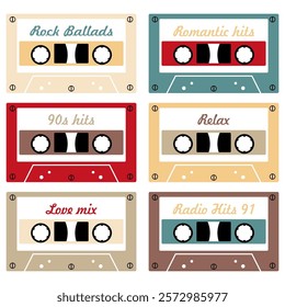  Audio cassette set on white background retro vintage music object vector illustration