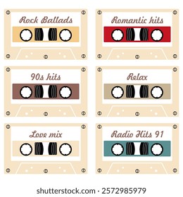  Audio cassette set on white background retro vintage music object vector illustration