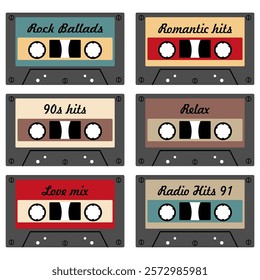  Audio cassette set on white background retro vintage music object vector illustration