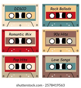 Audio cassette set on white background retro vintage music object vector illustration