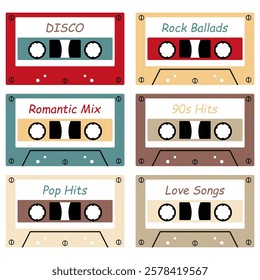 Audio cassette set on white background retro vintage music object vector illustration