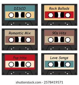 Audio cassette set on white background retro vintage music object vector illustration