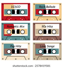 Audio cassette set on white background retro vintage music object vector illustration