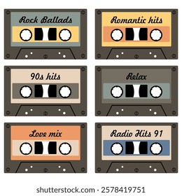 Audio cassette set on white background retro vintage music object vector illustration