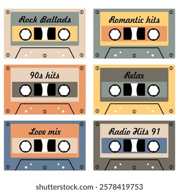 Audio cassette set on white background retro vintage music object vector illustration