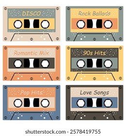 Audio cassette set on white background retro vintage music object vector illustration