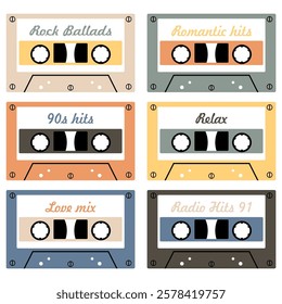 Audio cassette set on white background retro vintage music object vector illustration