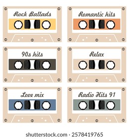 Audio cassette set on white background retro vintage music object vector illustration