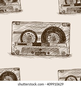 Audio cassette sketch style seamless pattern vector illustration.