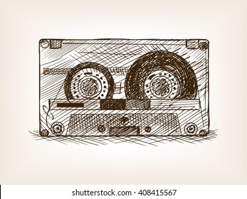 Audio cassette sketch style vector illustration. Old hand drawn engraving imitation. Audio cassette. 