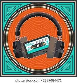 An audio cassette with studio headphones attached to it in an original vintage frame. Retro palette. Vector illustration svg