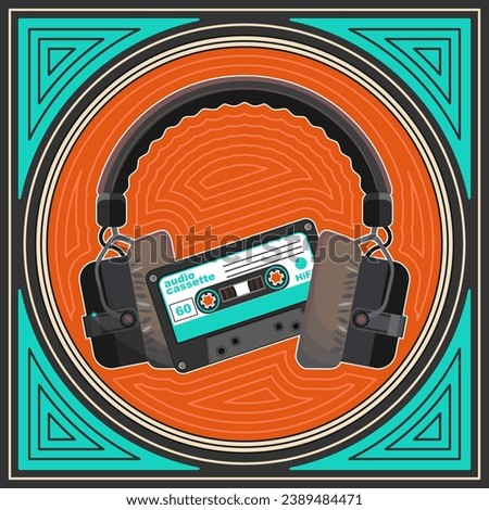 An audio cassette with studio headphones attached to it in an original vintage frame. Retro palette. Vector illustration