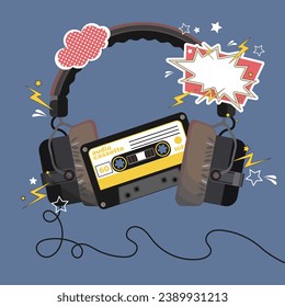 An audio cassette with studio headphones on it, framed by wires and comic elements. Vector illustration svg