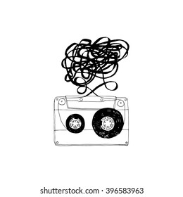 Audio cassette with tangled tape.Vector.