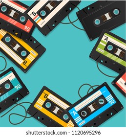 Audio Cassette Tape Background Card on a Blue Vintage Obsolete Equipment Eighties Symbol of Musical. Vector illustration