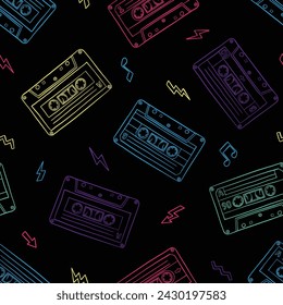 Audio cassette tape doodle seamless pattern. Vector repeat pattern illustration.