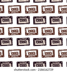 Audio cassette tape engraved seamless pattern. Vintage music cassette tape in hand drawn style. Sketch texture for fabric, wallpaper, textile, print, title, wrapping paper. Vector illustration.