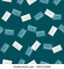 Audio cassette tape engraved seamless pattern. Vintage music cassette tape in hand drawn style. Sketch texture for fabric, wallpaper, textile, print, title, wrapping paper. Vector illustration.