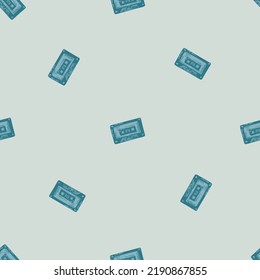 Audio cassette tape engraved seamless pattern. Vintage music cassette tape in hand drawn style. Sketch texture for fabric, wallpaper, textile, print, title, wrapping paper. Vector illustration.