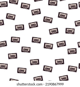 Audio cassette tape engraved seamless pattern. Vintage music cassette tape in hand drawn style. Sketch texture for fabric, wallpaper, textile, print, title, wrapping paper. Vector illustration.