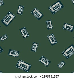 Audio Cassette Tape Engraved Seamless Pattern. Vintage Music Cassette Tape In Hand Drawn Style. Sketch Texture For Fabric, Wallpaper, Textile, Print, Title, Wrapping Paper. Vector Illustration.