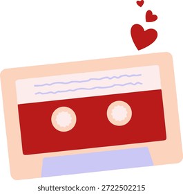 "fita cassete de áudio retro com corações vermelhos flutuantes, ilustração vetor plana"