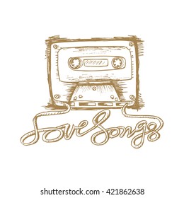 Audio cassette tape with love song lettering.