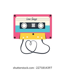 Audio cassette tape love songs isolated on a white background. Trendy 80s 90s vector illustration.	