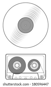 Audio cassette tape and LP record or cd compact disc icons. isolated on white background, vector art image eps10