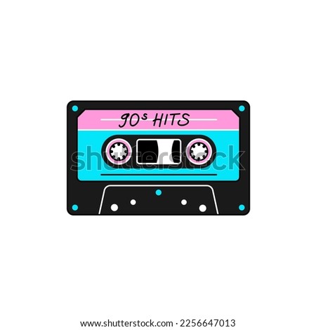 Audio cassette tape in retro 90s, y2k design style. Vector illustration in trendy neon colors, isolated on white background