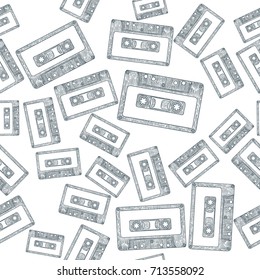 Audio Cassette Tape Seamless Pattern Background. Vector illustration