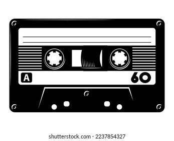 Audio cassette tape silhouette, retro 80's Mixtape eps vector art image illustration isolated on white background.