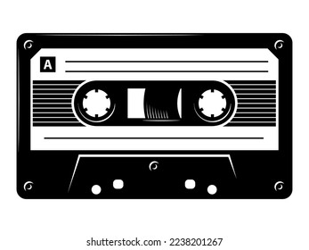 Audio cassette tape silhouette, retro 80's Mixtape eps vector art image illustration isolated on white background.