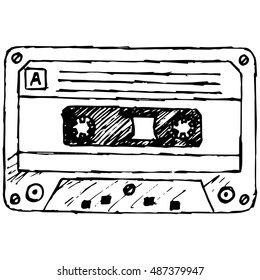 Audio cassette tape. Vector illustration, doodle style