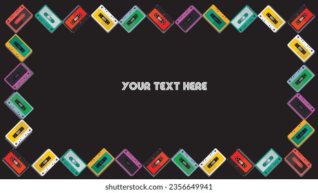 audio cassette tapes makes frame and empty space for your text and logo. suitable for banner with retro style.isolated in black. 1990 style. suitable for background for presentation #shotlist1990