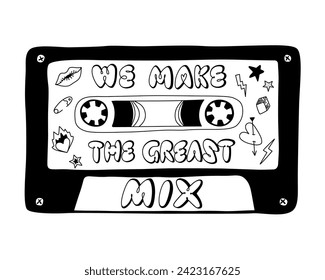 Audio cassette with text we make the great mix vector illustration. Funny Valentine pun quote. Tape sketch with doodle elements 90s aesthetic.